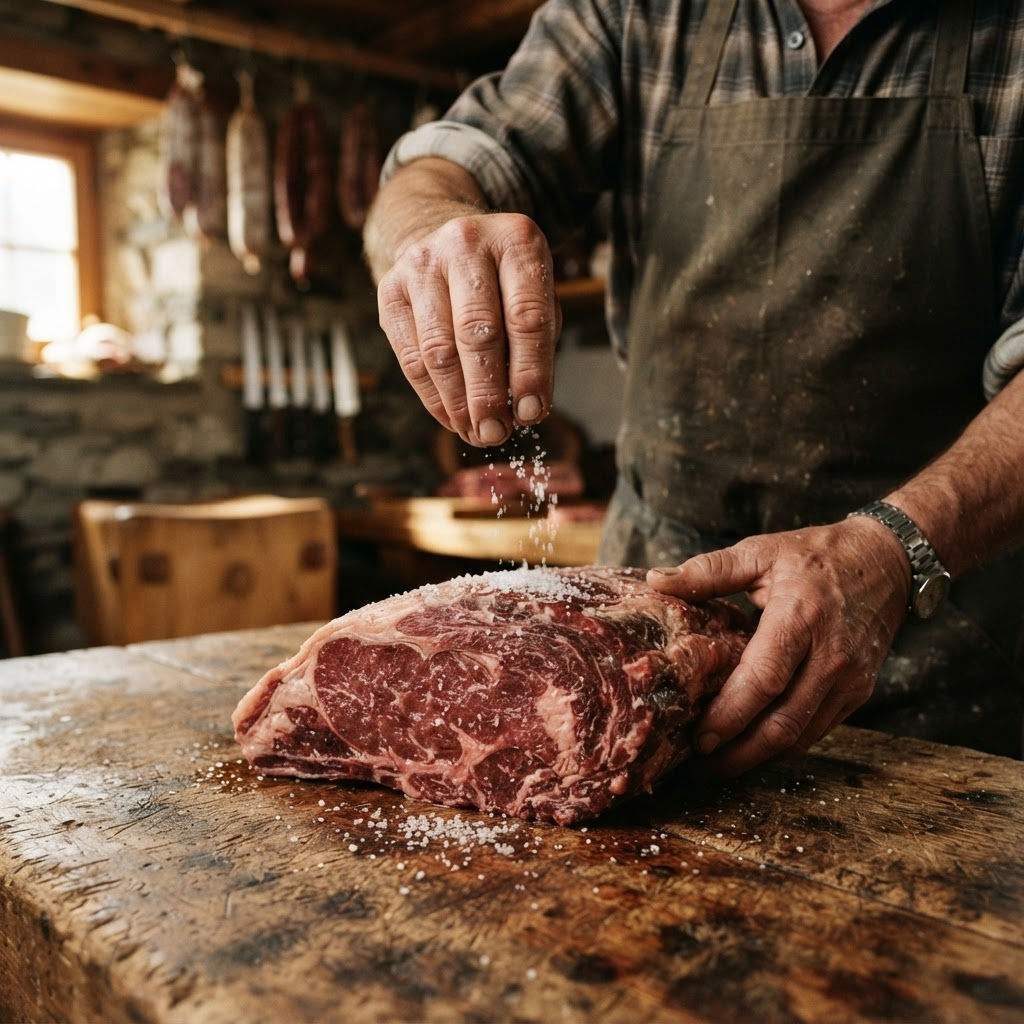 Un artisan Brumann salant une pièce de viande à la main